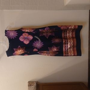 En Focus sleevesless dress with medallion designs and chain at waist NWT